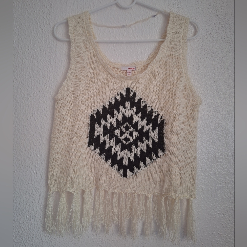 BONGO Ivory and Black Patterned Fringe Tank Top